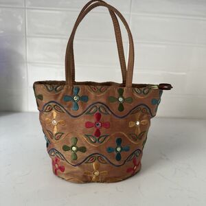 Vintage Embroidered  Handbag Brass Plum 90s Small Tote Party  Wedding Cute